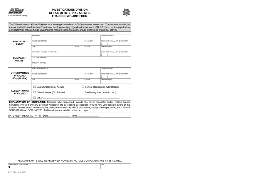 Form INV19 Investigations Division Office of Internal Affairs Fraud Complaint Form - California, Page 1