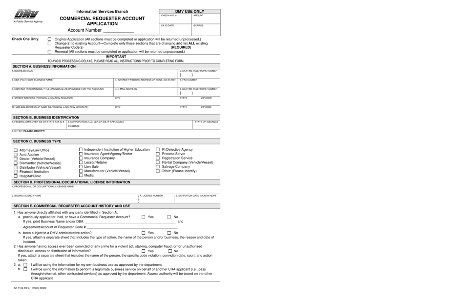 Form INF1106 Commercial Requester Account Application - California, Page 1