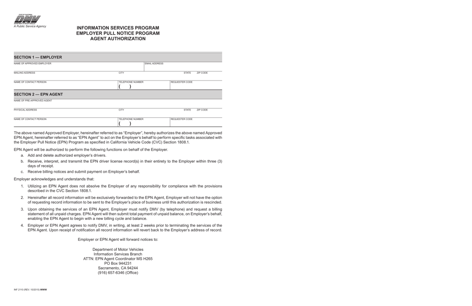 Form INF2110 Information Services Program Employer Pull Notice Program Agent Authorization - California, Page 1
