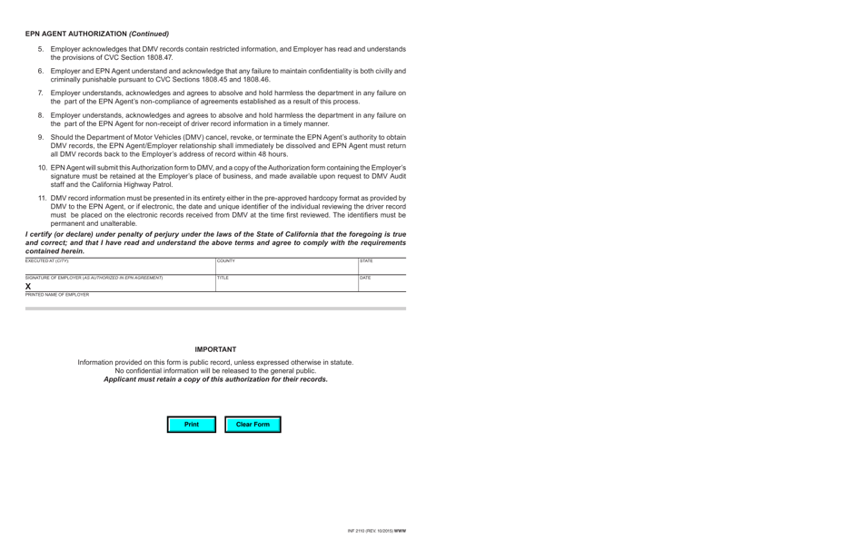 Form INF2110 Information Services Program Employer Pull Notice Program Agent Authorization - California, Page 2