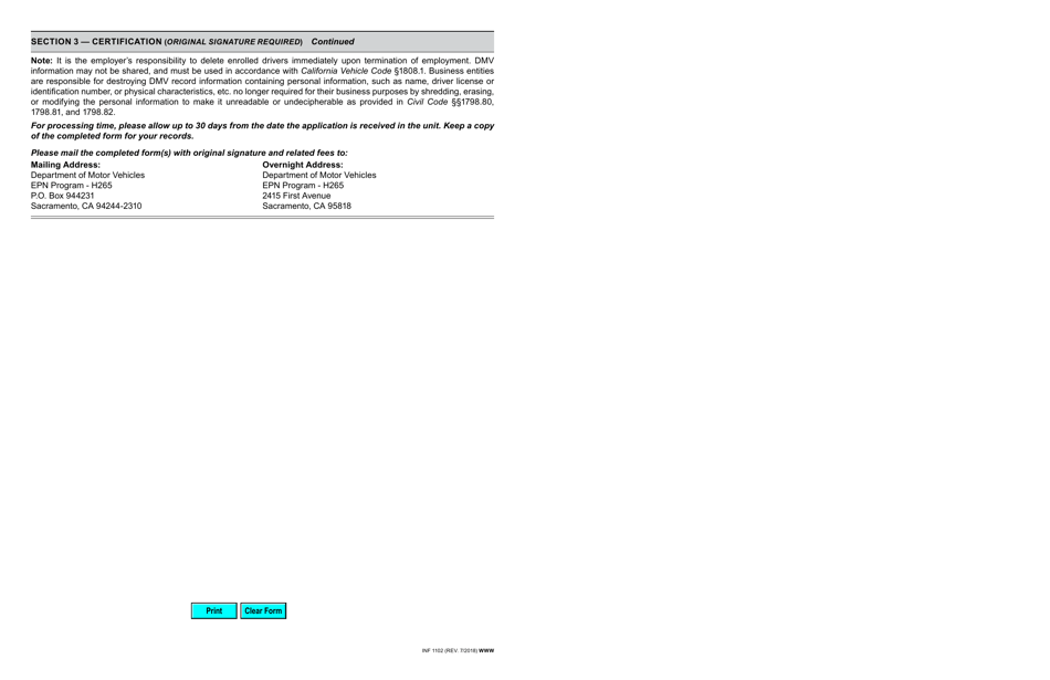 Form INF1102 Commercial or Government Employer Pull Notice Enrollment of Out-of-State Licensed Drivers - California, Page 2