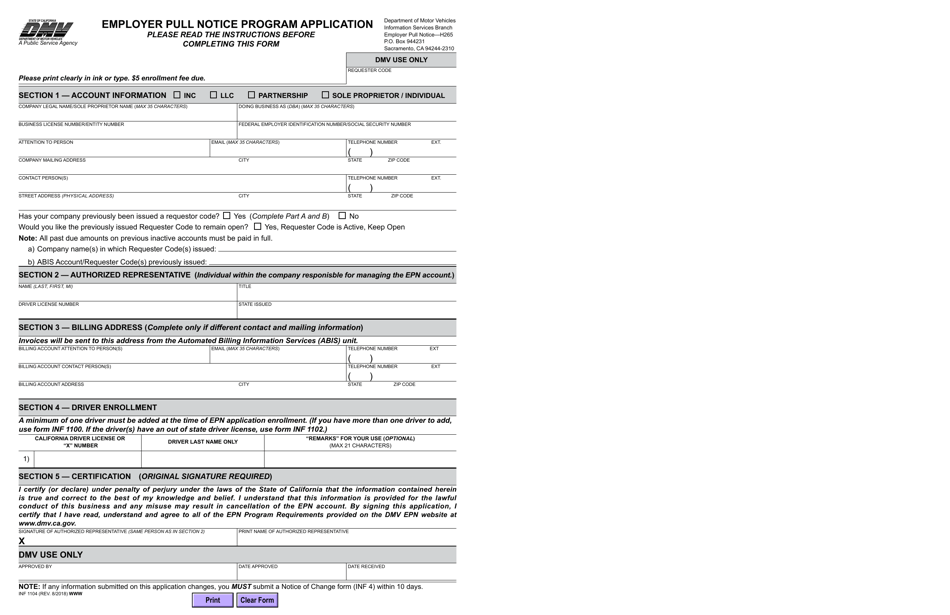 Form INF1104 - Fill Out, Sign Online and Download Fillable PDF ...