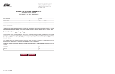 Form MC132M &quot;Request for Voluntary Termination of Motor Carrier Permit Certificate of Self Insurance&quot; - California