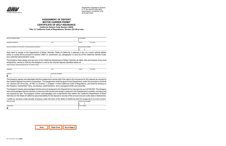 Form MC133 M Assignment of Deposit Motor Carrier Permit Certificate of Self Insurance - California, Page 1