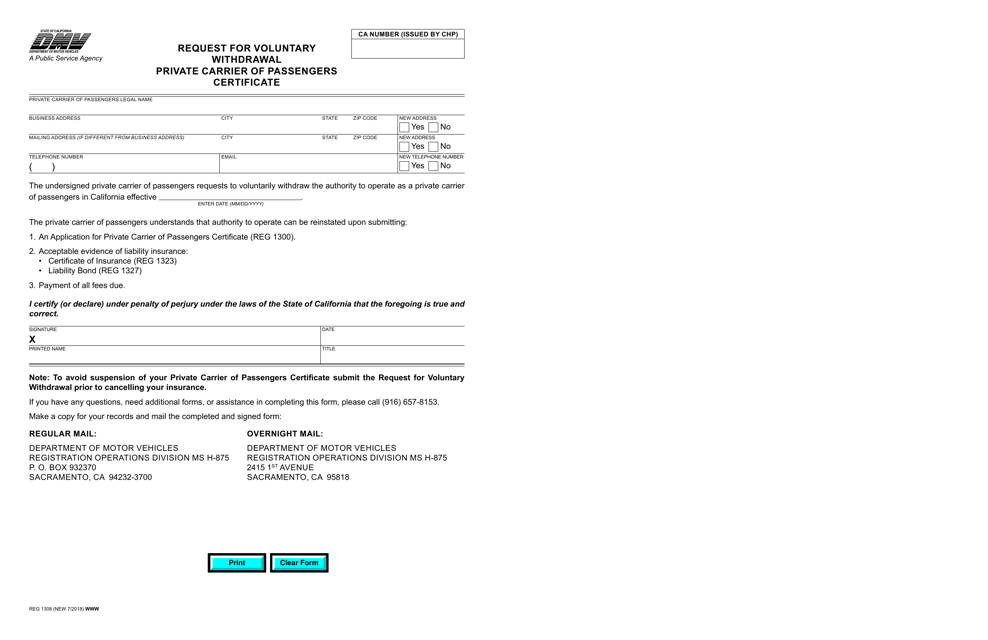 Form REG1308 Request for Voluntary Withdrawal Private Carrier of Passengers Certificate - California