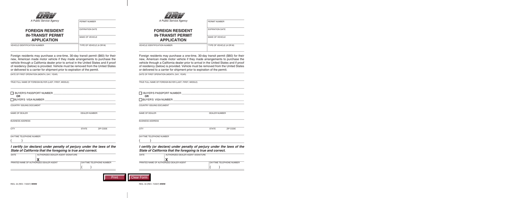Form REG34 Foreign Resident in-Transit Permit Application - California