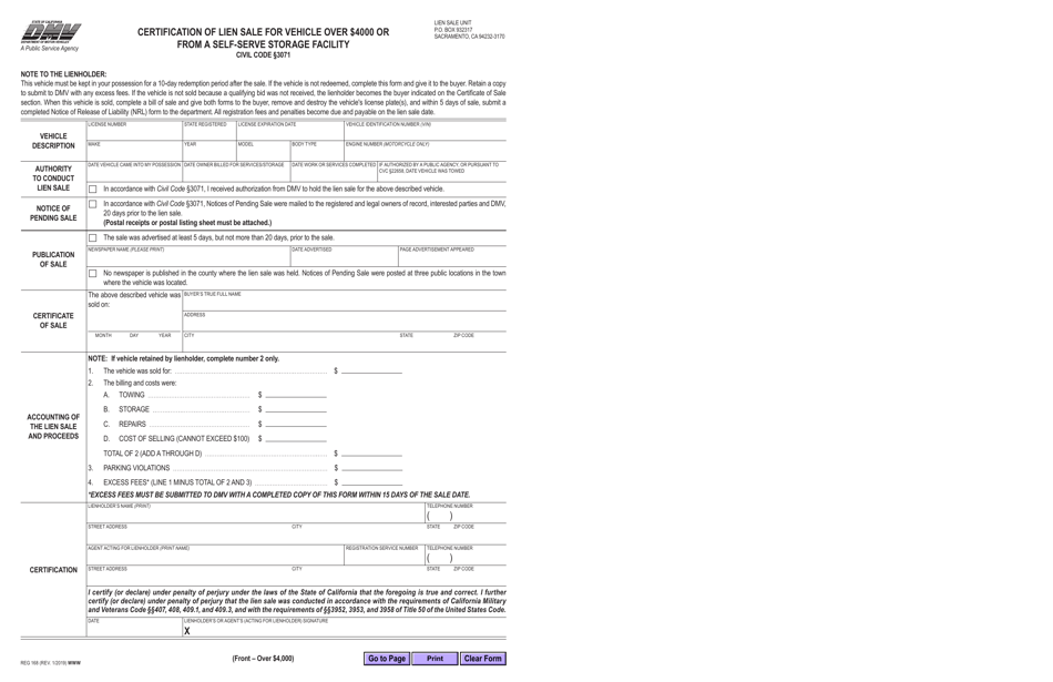 Form REG168 Certification of Lien Sale for Vehicle Over $4000 or From a Self-serve Storage Facility - California, Page 1