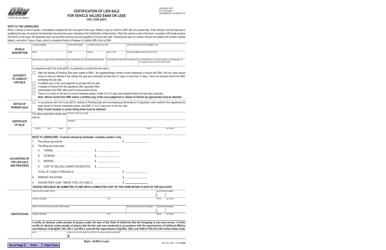 Document preview: Form REG168 A Certification of Lien Sale for Vehicle Valued $4000 or Less - California
