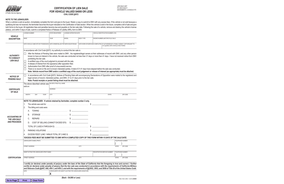 Form REG168 A Certification of Lien Sale for Vehicle Valued $4000 or Less - California, Page 1