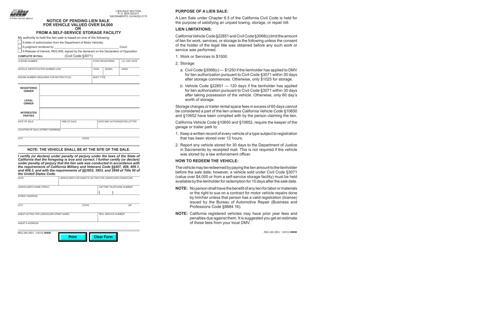Form REG280 Notice of Pending Lien Sale for Vehicle Valued Over $4,000 or From a Self-service Storage Facility - California