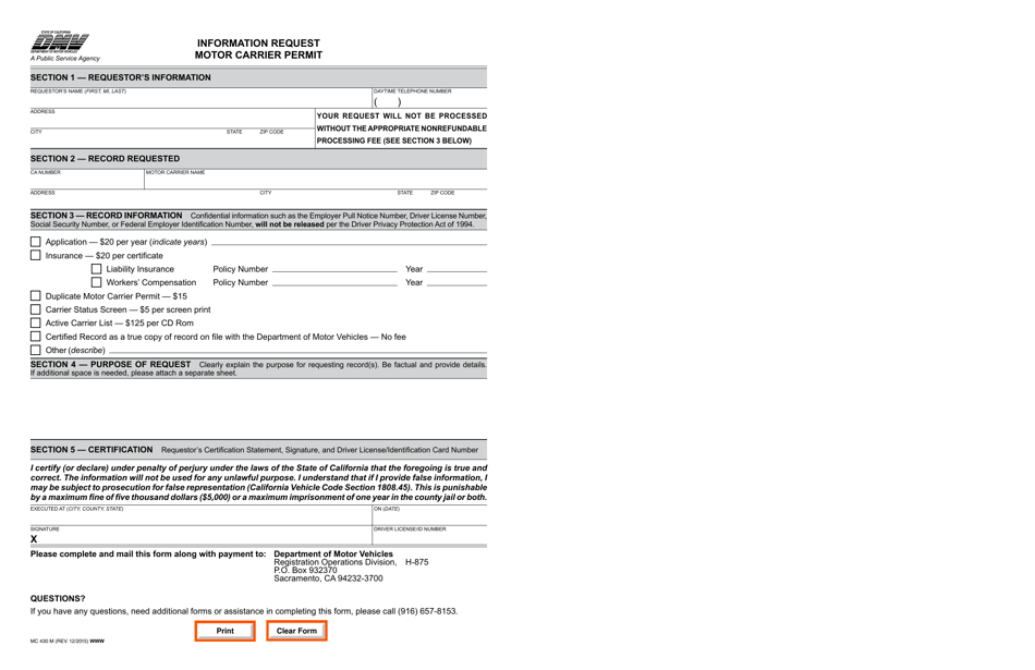 Motor Carrier Permit Corporation Renewal Application Mc 134 M