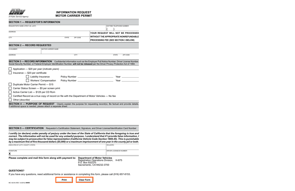 Form MC430 M Information Request - Motor Carrier Permit - California, Page 1