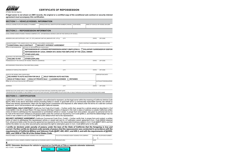 Form REG119 Certificate of Repossession - California