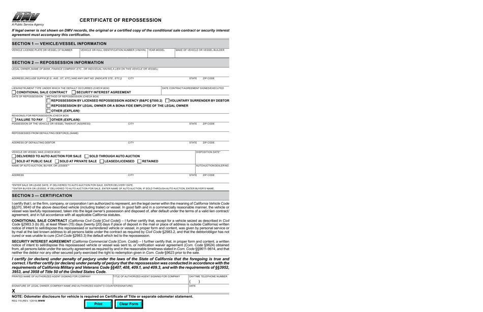 Form REG119 Certificate of Repossession - California, Page 1