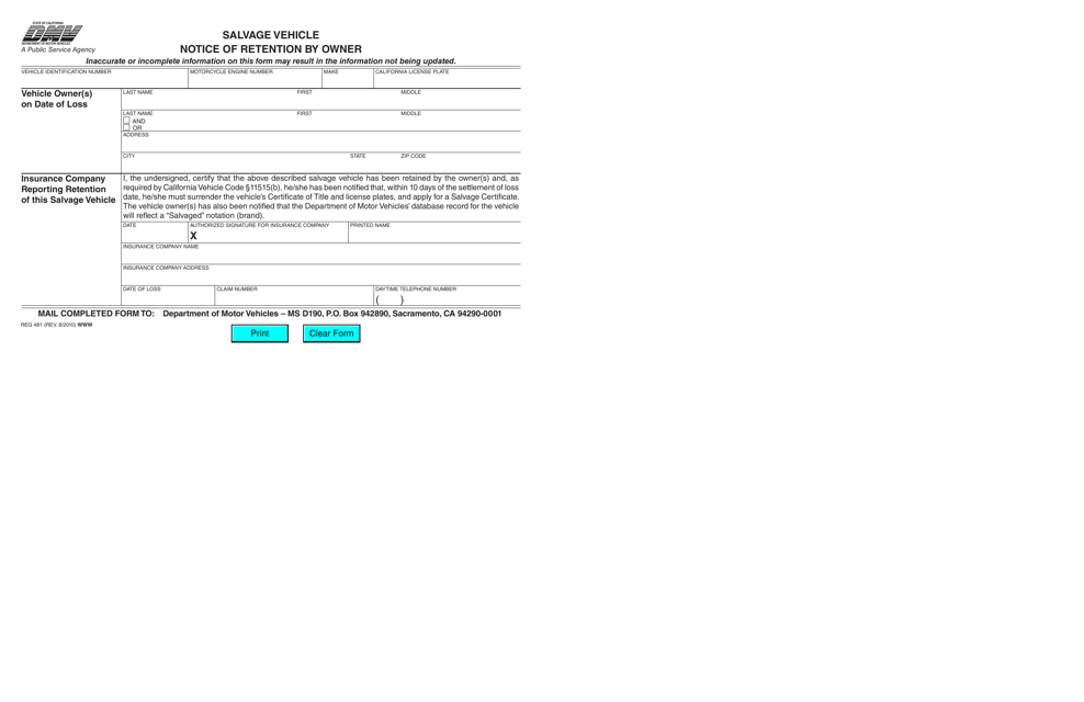 Form REG481 Salvage Vehicle Notice of Retention by Owner - California