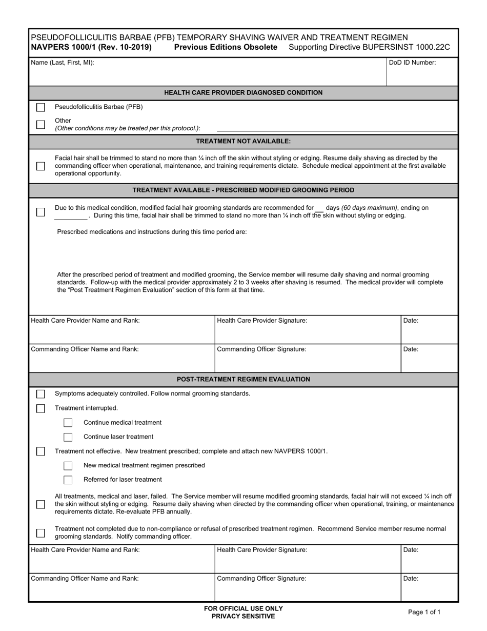 NAVPERS Form 1000 / 1 Pseudofolliculitis Barbae (Pfb) Temporary Shaving Waiver and Treatment Regimen, Page 1