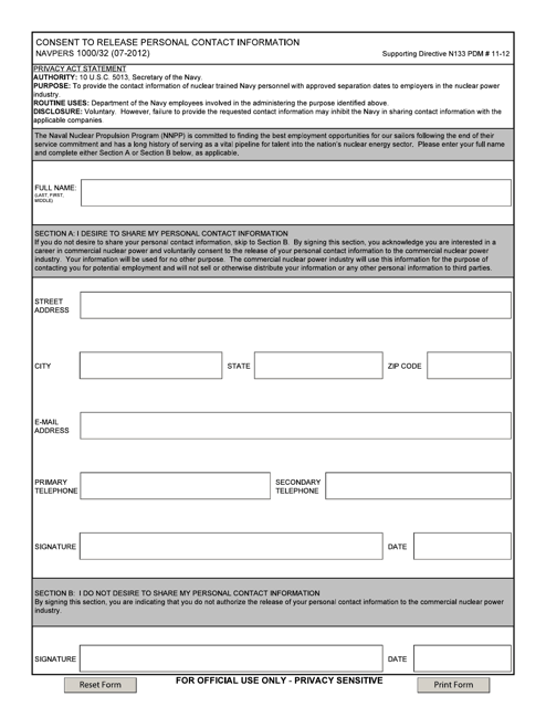 Navpers Form 1000 32 Download Fillable Pdf Or Fill Online Consent To Release Personal Contact Information Templateroller