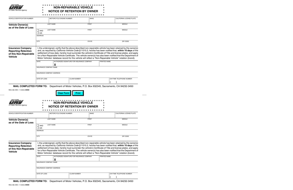 Form REG480 Non-repairable Vehicle Notice of Retention by Owner - California, Page 1