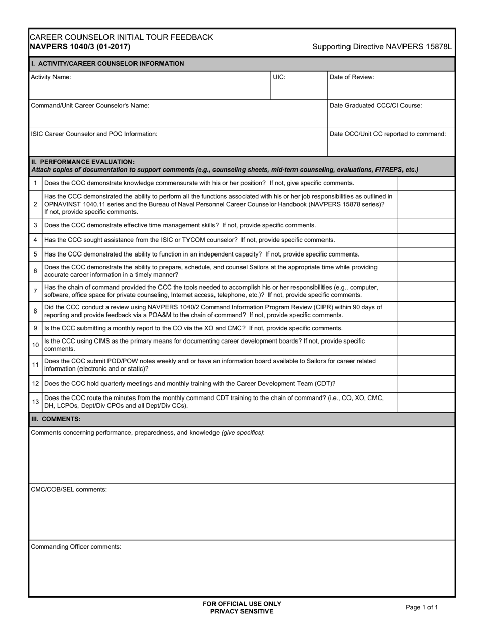 NAVPERS Form 1040 / 3 career Counselor Initial Tour Feedback, Page 1