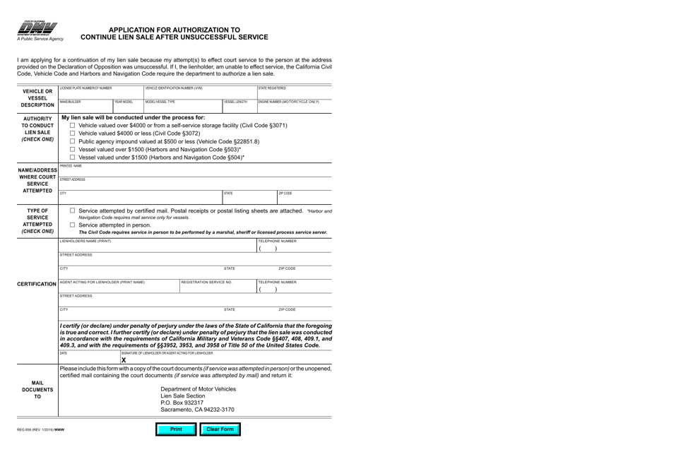 Form REG659 Application for Authorization to Continue Lien Sale After Unsuccessful Service - California