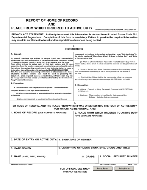 NAVPERS Form 1070/74 Officer's Report of Home of Record and Place From Which Ordered to Active Duty