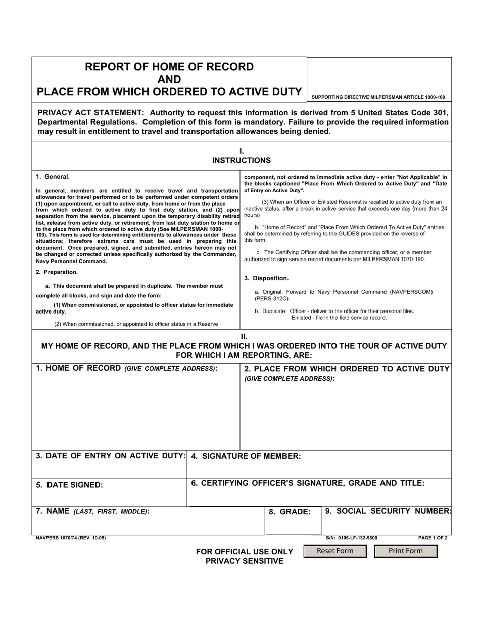 NAVPERS Form 1070 / 74 Officers Report of Home of Record and Place From Which Ordered to Active Duty, Page 1