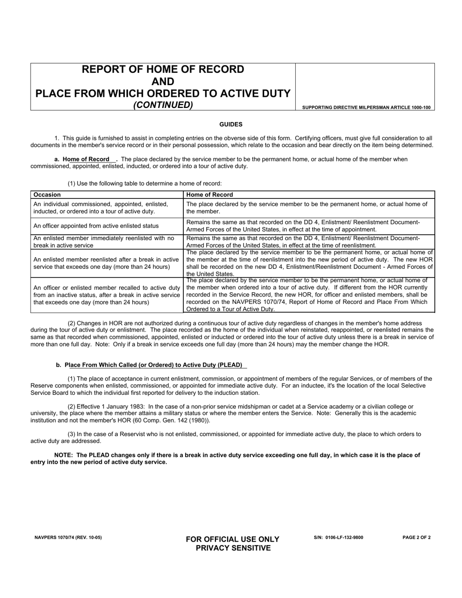 NAVPERS Form 1070 / 74 Officers Report of Home of Record and Place From Which Ordered to Active Duty, Page 2