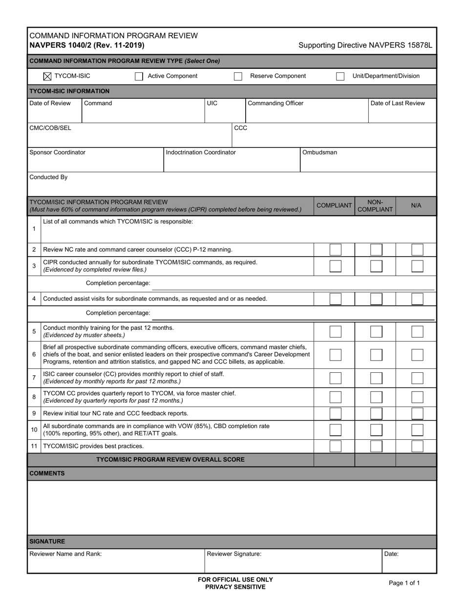 NAVPERS Form 1040 / 2 Command Information Program Review, Page 1
