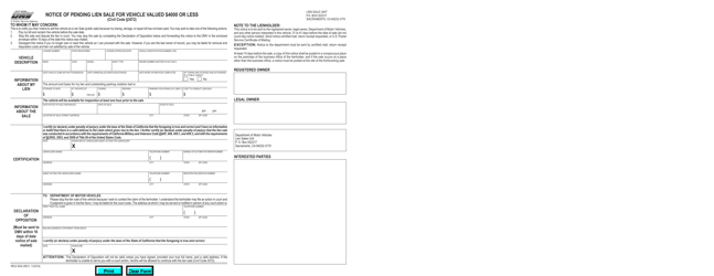 Document preview: Form REG668 Notice of Pending Lien Sale for Vehicle Valued $4,000 or Less - California