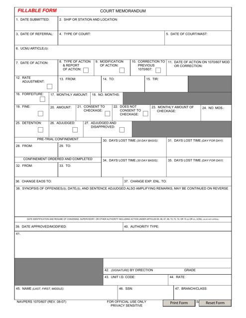 NAVPERS Form 1070/607  Printable Pdf