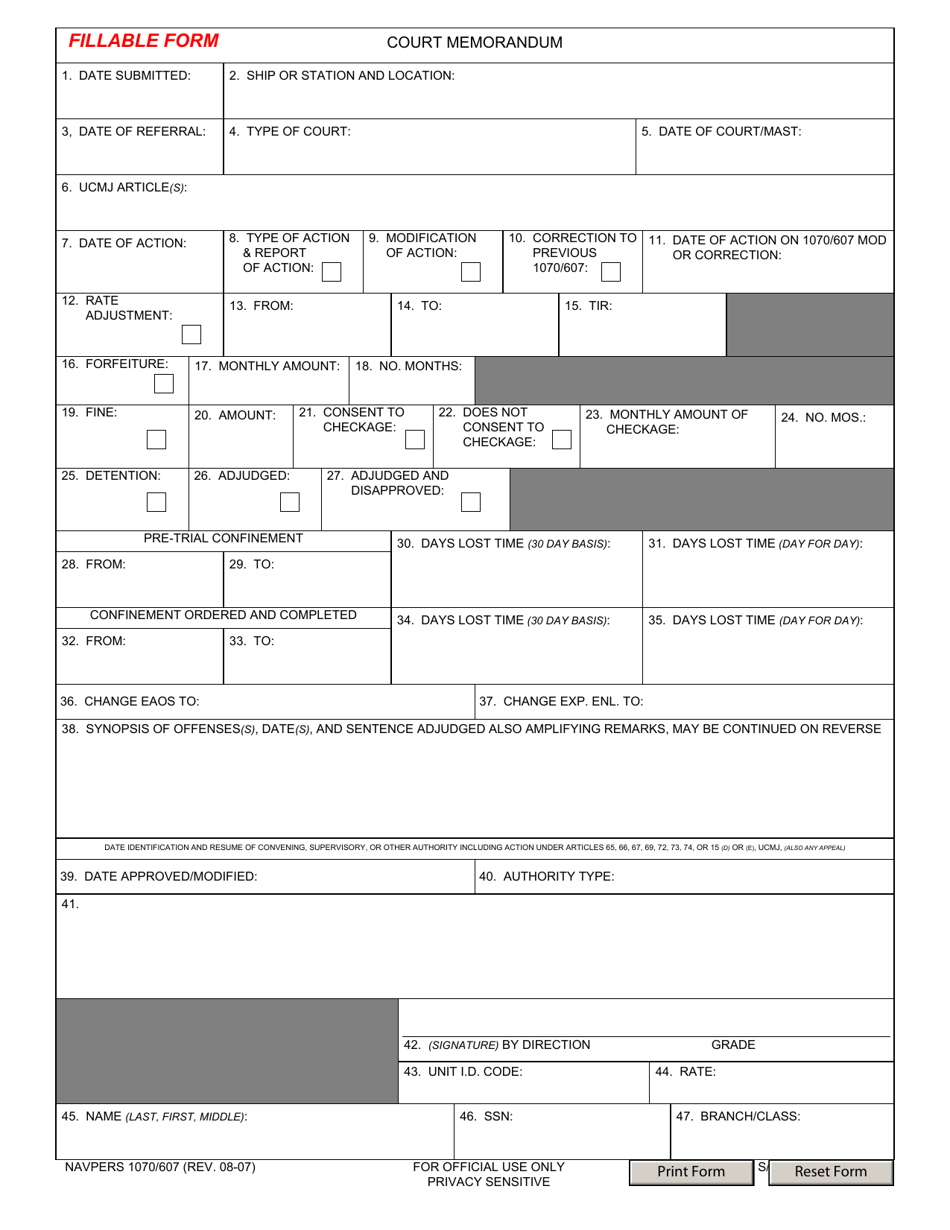 NAVPERS Form 1070 / 607 Court Memorandum, Page 1