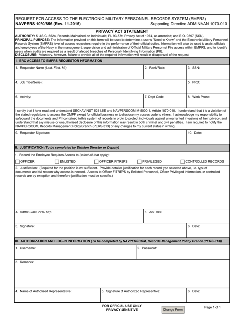 NAVPERS Form 1070/856 Request for Authority to Draw Personnel Records