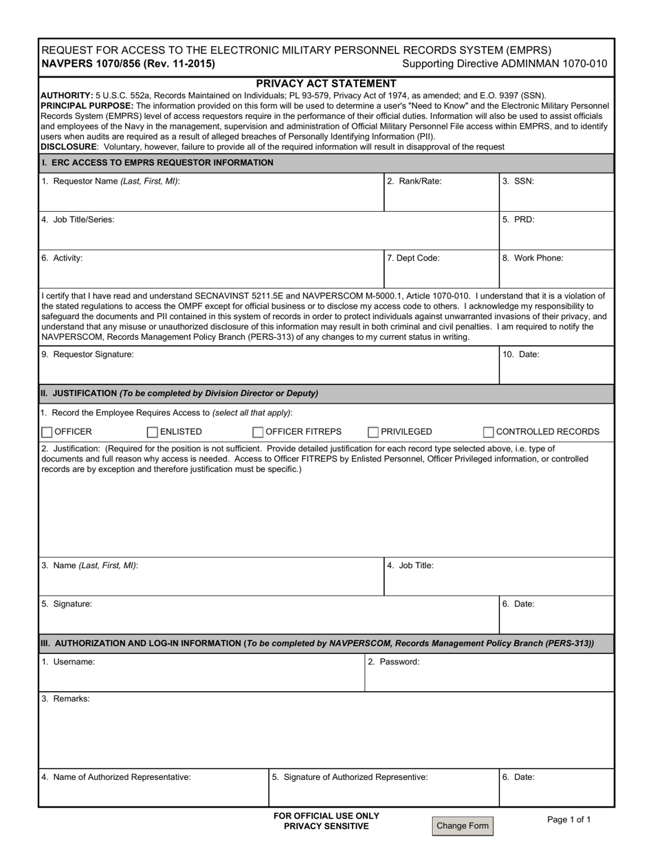 NAVPERS Form 1070 / 856 Request for Authority to Draw Personnel Records, Page 1