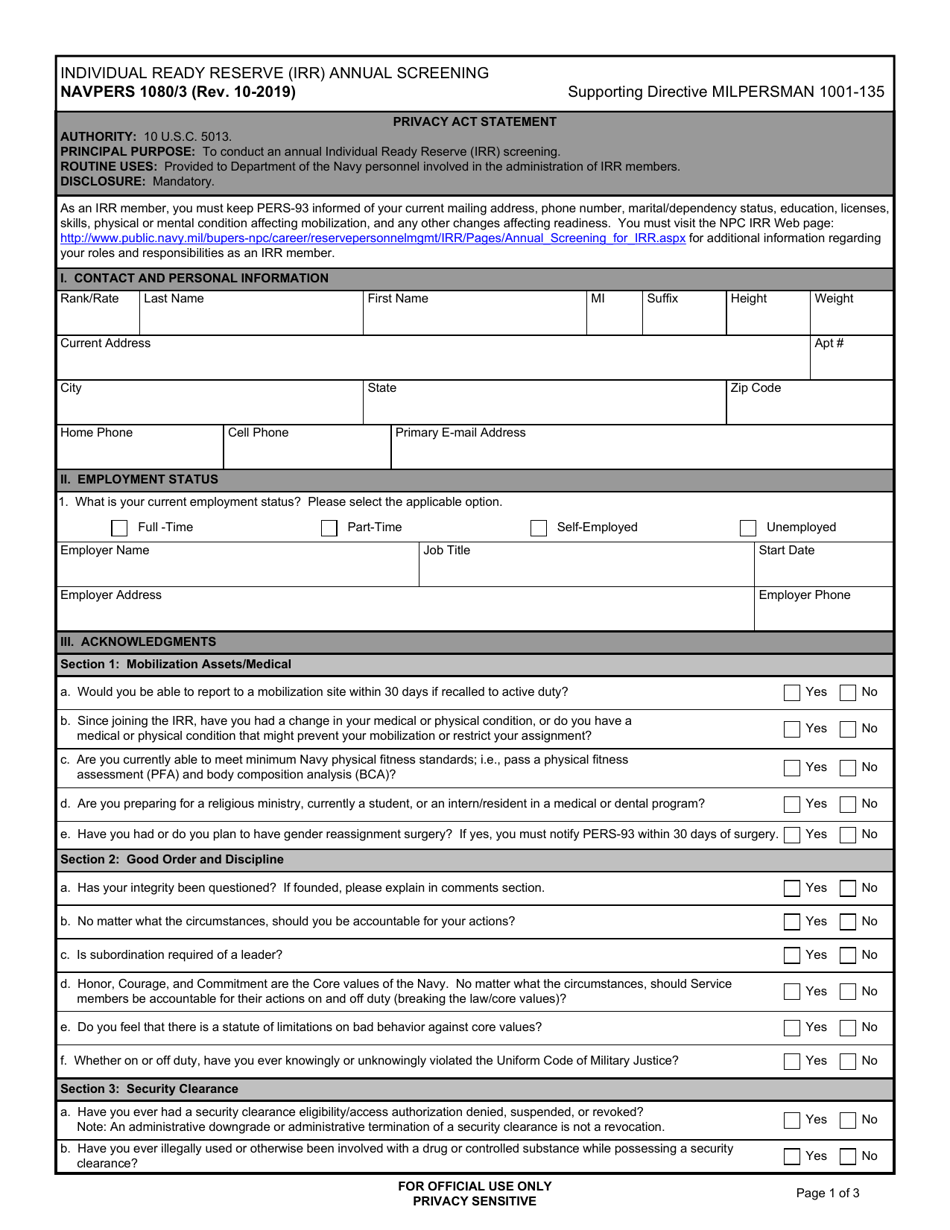 NAVPERS Form 1080 / 3 Individual Ready Reserve (Irr) Annual Screening, Page 1
