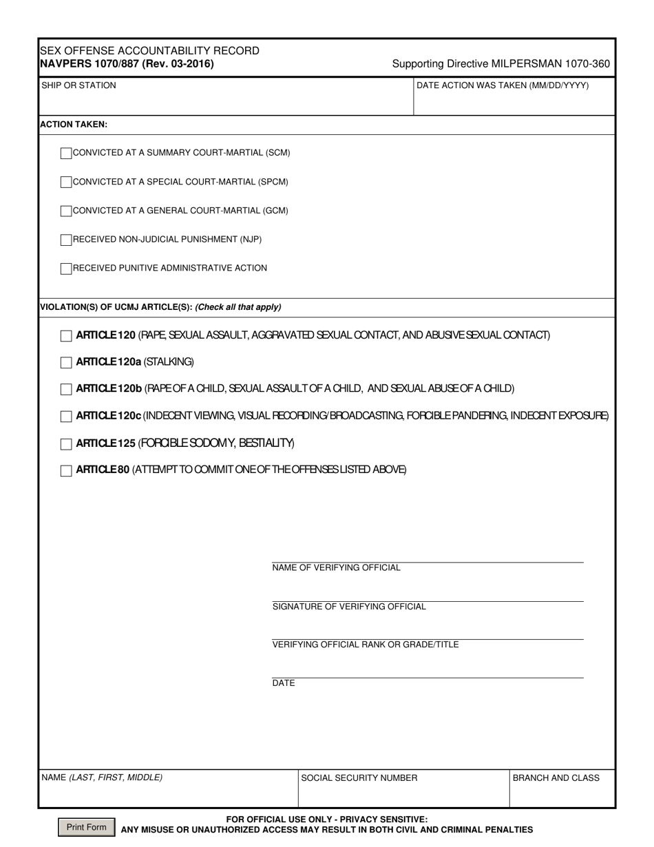NAVPERS Form 1070 / 887 Sex Offense Accountability Record (Soar), Page 1