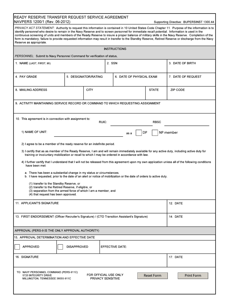 NAVPERS Form 1200 / 1 Ready Reserve Transfer Request Service Agreement, Page 1