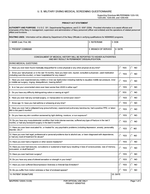 NAVPERS Form 1200/6 U.S. Military Diving Medical Screening Questionnaire