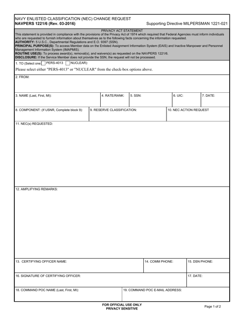 NAVPERS Form 1221/6  Printable Pdf