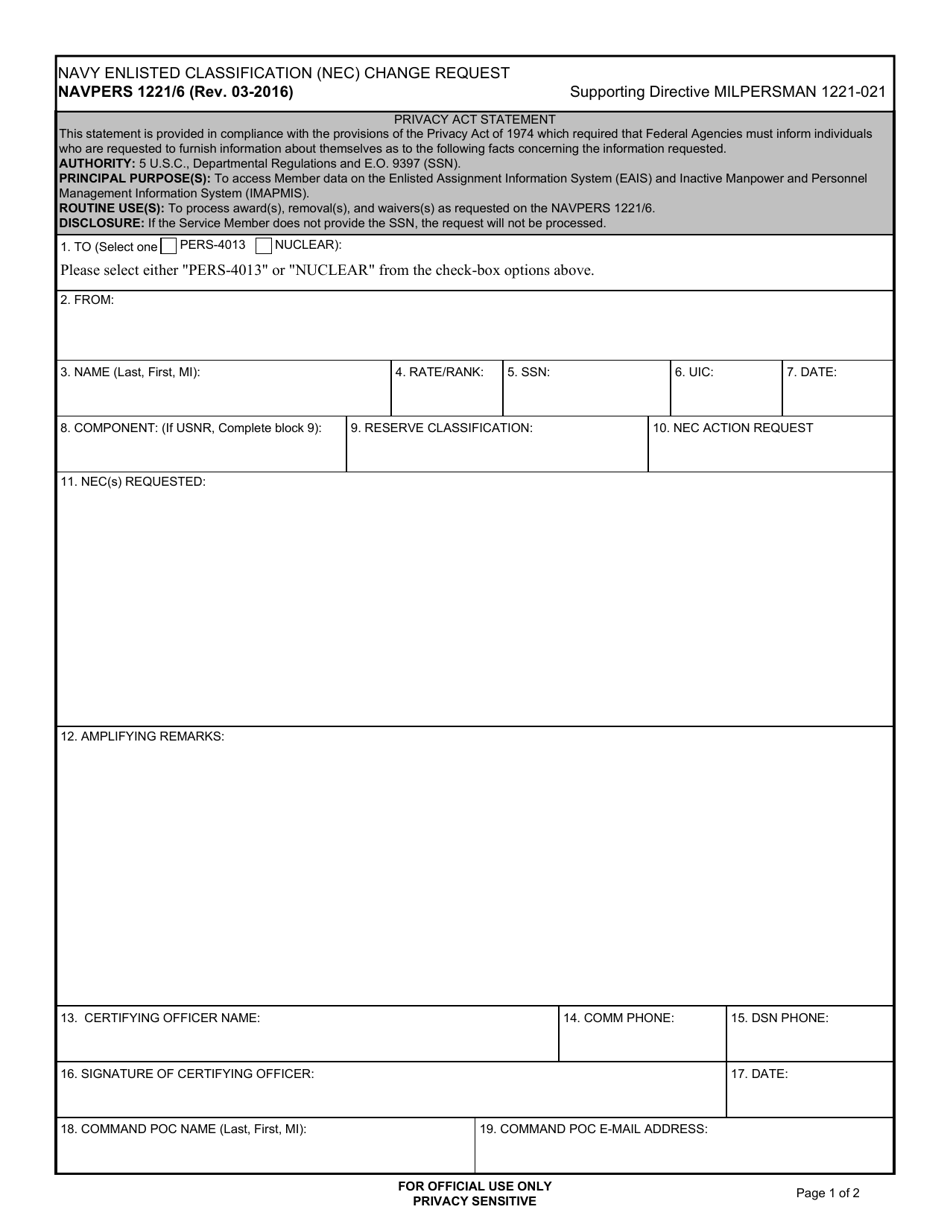 NAVPERS Form 1221 / 6 Navy Enlisted Classification (Nec) Change Request, Page 1