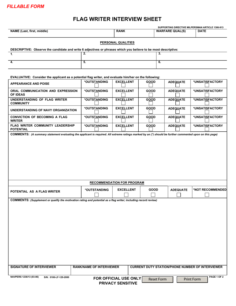 NAVPERS Form 1236 / 13 Flag Writer Interview Sheet, Page 1