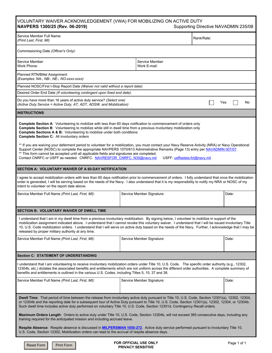NAVPERS Form 1300 / 25 Voluntary Waiver Acknowledgement (Vwa) for Mobilizing on Active Duty, Page 1