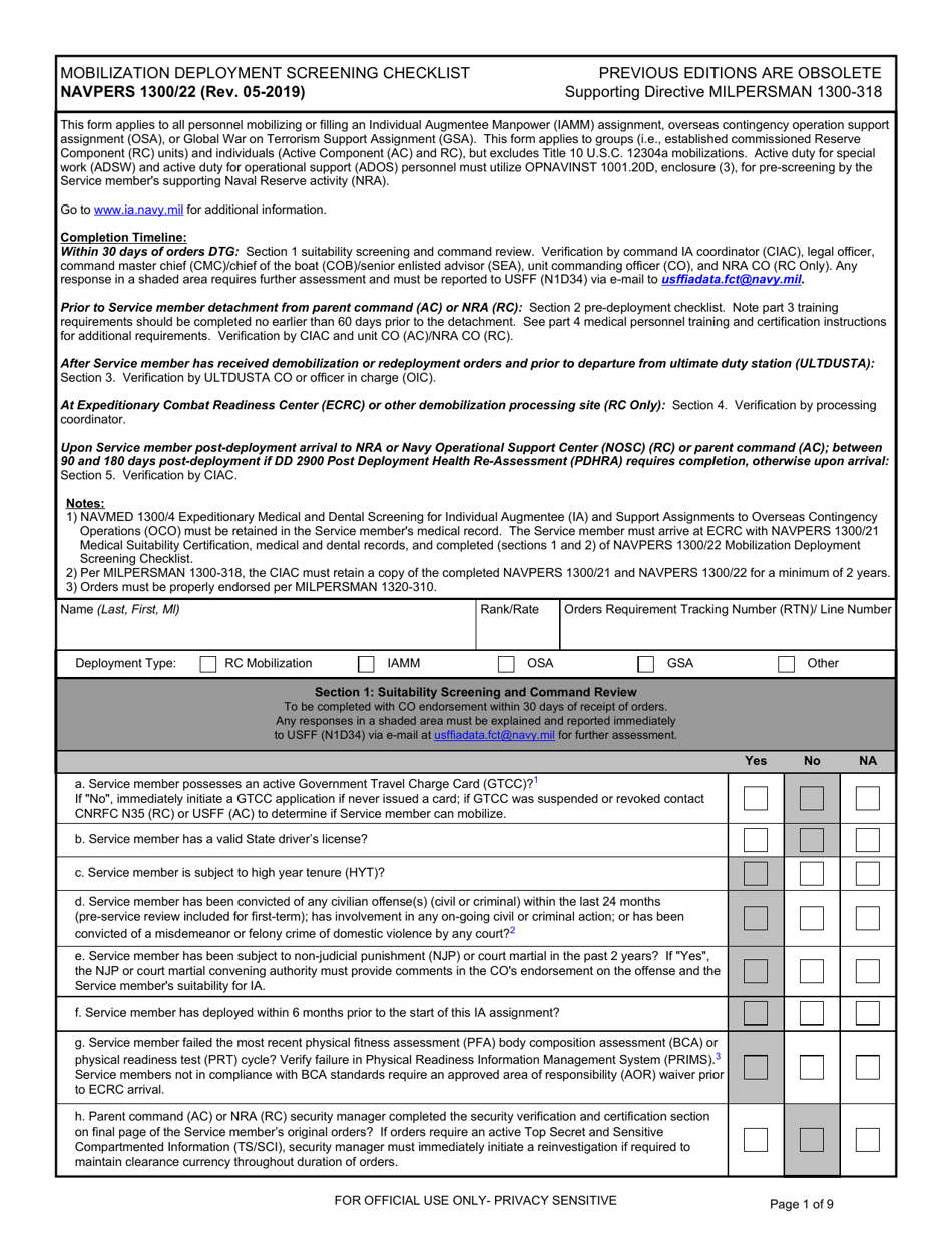 NAVPERS Form 1300 / 22 Mobilization Deployment Screening Checklist, Page 1