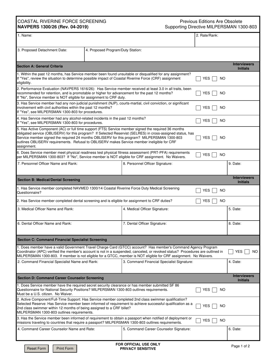 NAVPERS Form 1300 / 26 Coastal Riverine Screening, Page 1