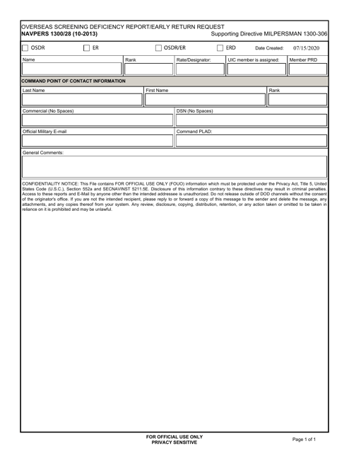 NAVPERS Form 1300/28 Overseas Screening Deficiency Report/Early Return Request
