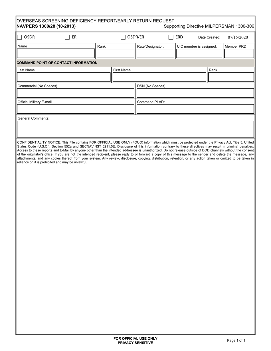NAVPERS Form 1300 / 28 Overseas Screening Deficiency Report / Early Return Request, Page 1