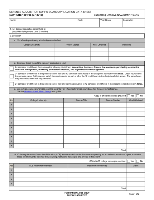 NAVPERS Form 1301/86 Defense Acquisition Corps Board Application Data Sheet