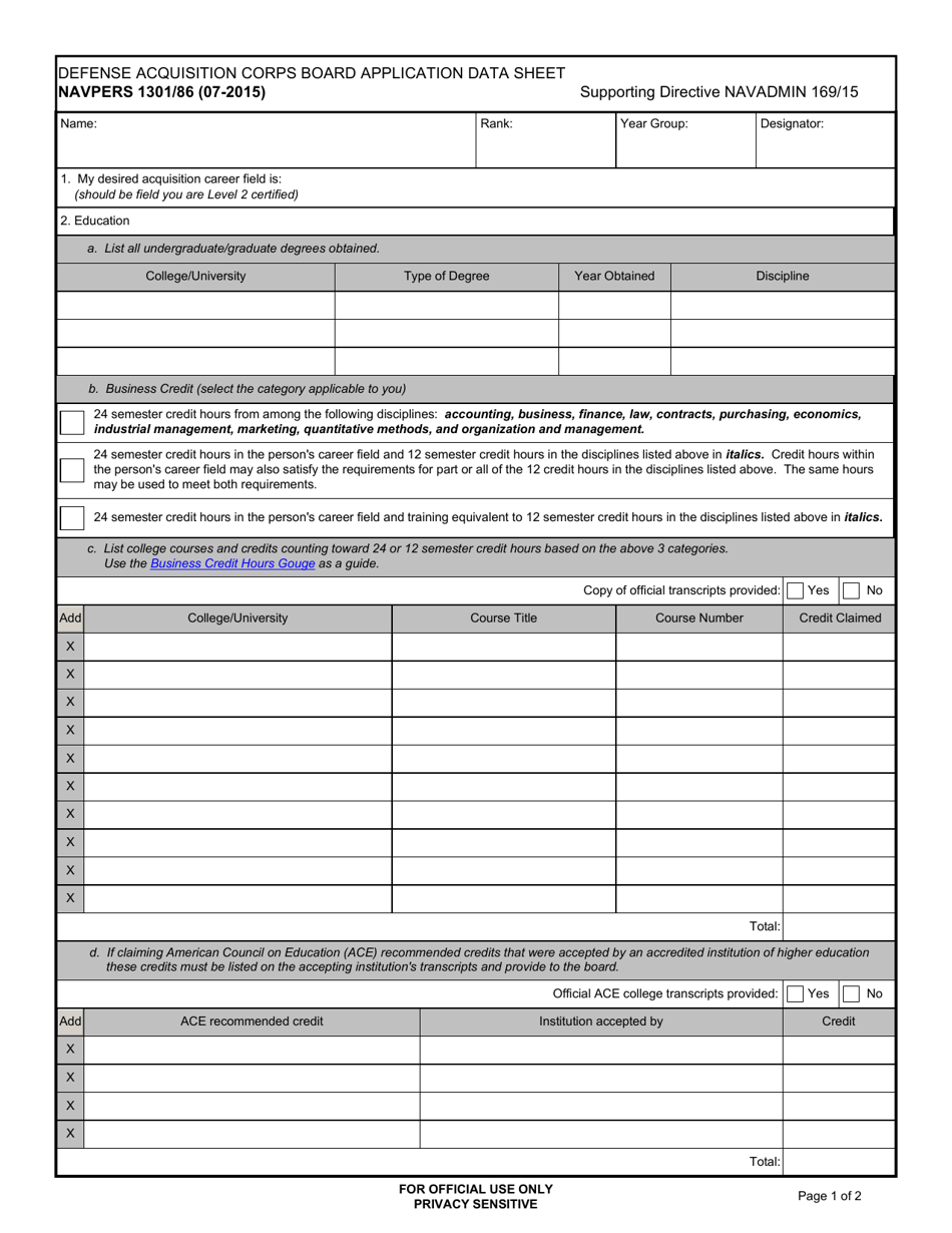 NAVPERS Form 1301 / 86 Defense Acquisition Corps Board Application Data Sheet, Page 1