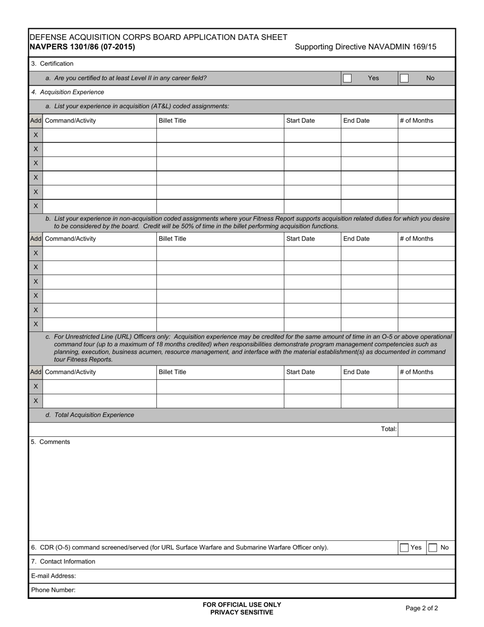 NAVPERS Form 1301 / 86 Defense Acquisition Corps Board Application Data Sheet, Page 2