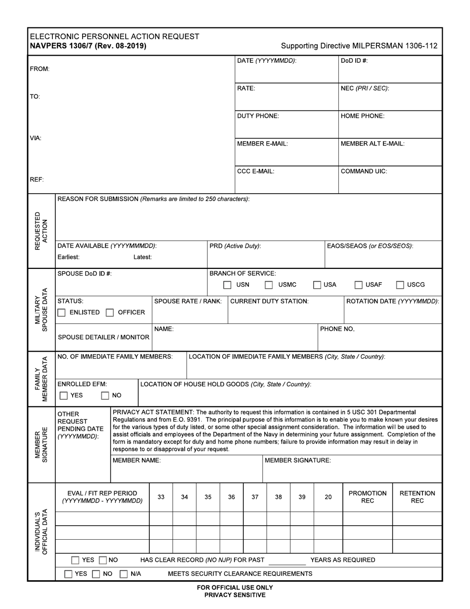 NAVPERS Form 1306 / 7 Electronic Personnel Action Request, Page 1