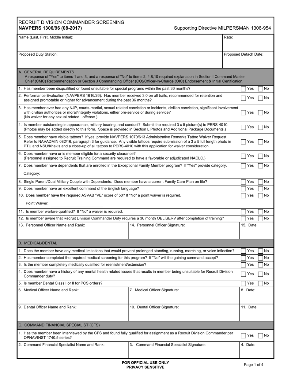 NAVPERS Form 1306 / 96 Recruit Division Commander Screening, Page 1
